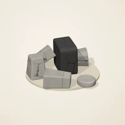 The six parts of Inca Masonry No. 15 in a loose pile on a round stand