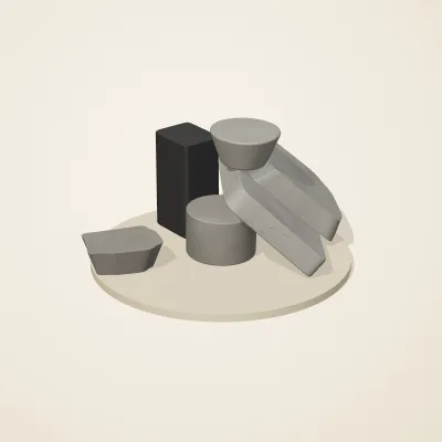 The six parts of Inca Masonry No. 16 in a loose pile on a round stand