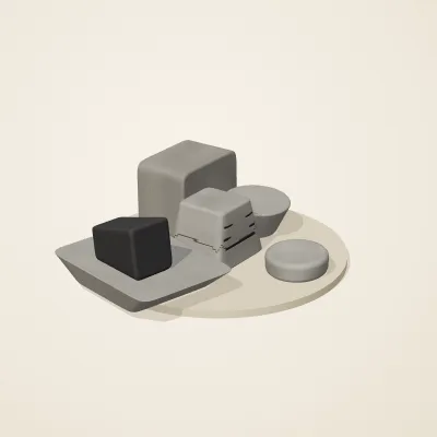 The six parts of Inca Masonry No. 22 in a loose pile on a round stand