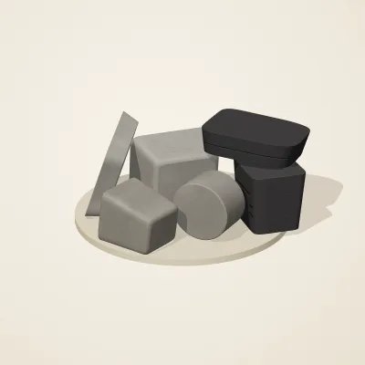 The six parts of Inca Masonry No. 27 in a loose pile on a round stand