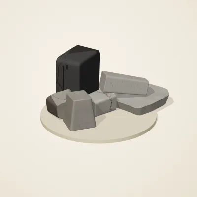 The six parts of Inca Masonry No. 28 in a loose pile on a round stand