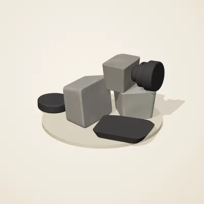 The six parts of Inca Masonry No. 30 in a loose pile on a round stand