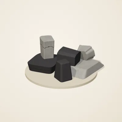 The six parts of Inca Masonry No. 35 in a loose pile on a round stand