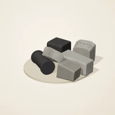 The six parts of Inca Masonry No. 37 in a loose pile on a round stand