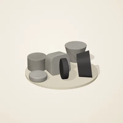 The six parts of Inca Masonry No. 40 in a loose pile on a round stand