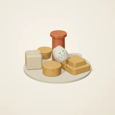The six parts of Sumerian Clay No. 2 in a loose pile on a round stand