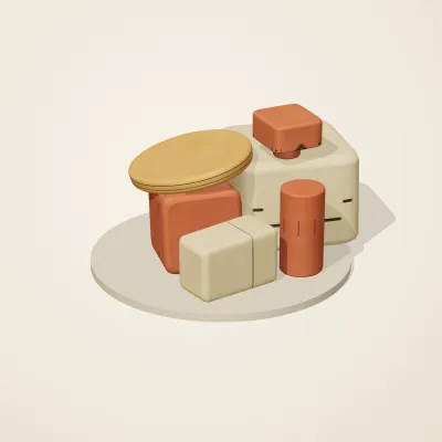 The six parts of Sumerian Clay No. 3 in a loose pile on a round stand