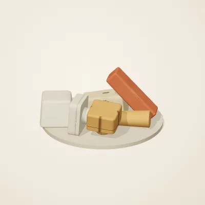 The six parts of Sumerian Clay No. 5 in a loose pile on a round stand
