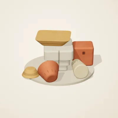 The six parts of Sumerian Clay No. 6 in a loose pile on a round stand