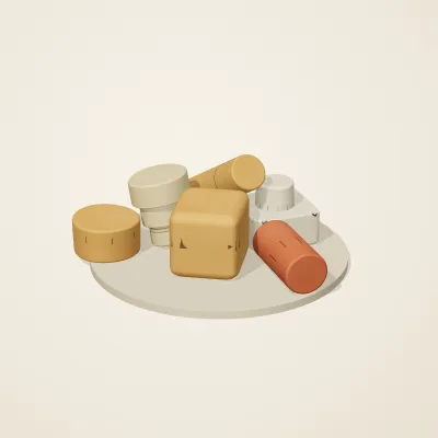 The six parts of Sumerian Clay No. 13 in a loose pile on a round stand