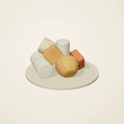 The six parts of Sumerian Clay No. 17 in a loose pile on a round stand