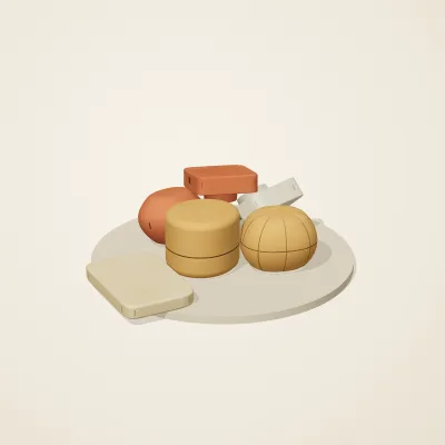 The six parts of Sumerian Clay No. 25 in a loose pile on a round stand