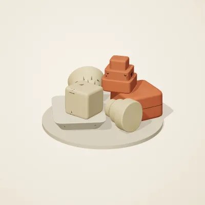 The six parts of Sumerian Clay No. 27 in a loose pile on a round stand