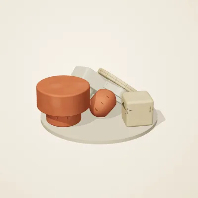 The six parts of Sumerian Clay No. 30 in a loose pile on a round stand