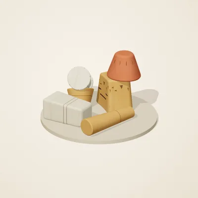 The six parts of Sumerian Clay No. 34 in a loose pile on a round stand