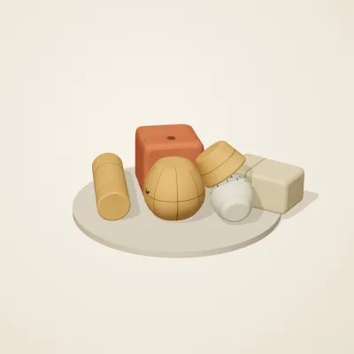 The six parts of Sumerian Clay No. 36 in a loose pile on a round stand
