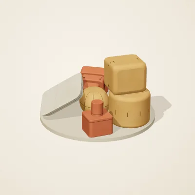 The six parts of Sumerian Clay No. 37 in a loose pile on a round stand