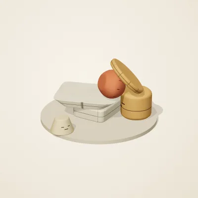 The six parts of Sumerian Clay No. 39 in a loose pile on a round stand