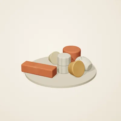 The six parts of Sumerian Clay No. 40 in a loose pile on a round stand