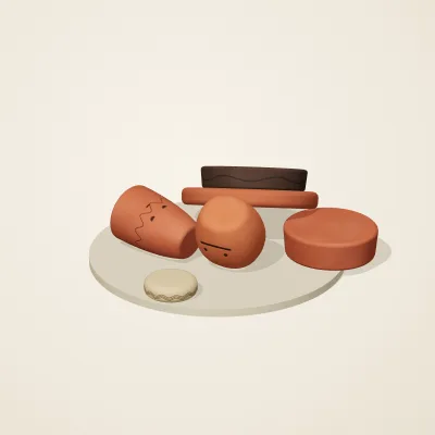 The six parts of Etruscan Terracotta No. 1 in a loose pile on a round stand