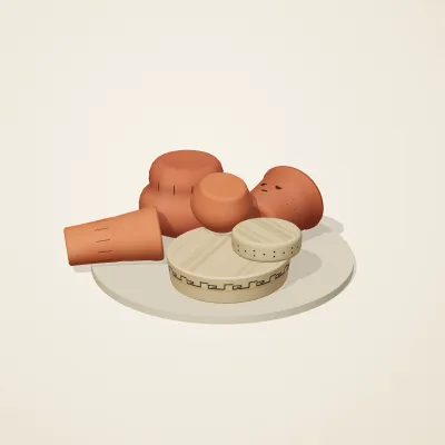 The six parts of Etruscan Terracotta No. 2 in a loose pile on a round stand