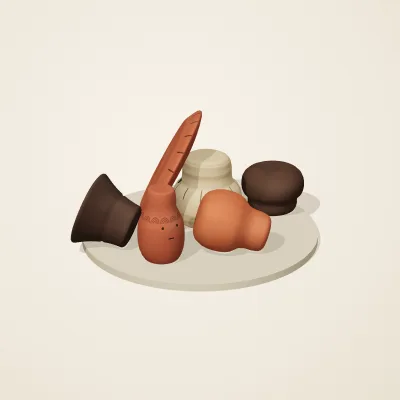 The six parts of Etruscan Terracotta No. 3 in a loose pile on a round stand
