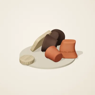 The six parts of Etruscan Terracotta No. 4 in a loose pile on a round stand