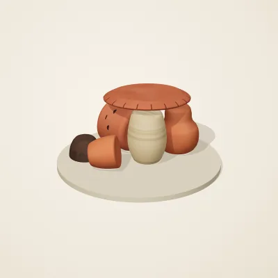 The six parts of Etruscan Terracotta No. 7 in a loose pile on a round stand
