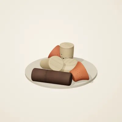 The six parts of Etruscan Terracotta No. 10 in a loose pile on a round stand