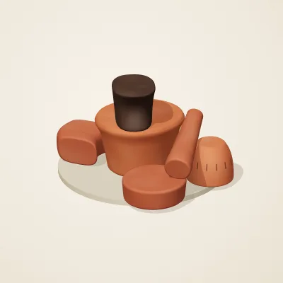 The six parts of Etruscan Terracotta No. 11 in a loose pile on a round stand
