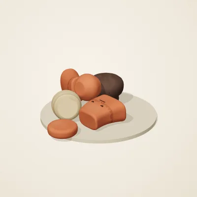 The six parts of Etruscan Terracotta No. 12 in a loose pile on a round stand