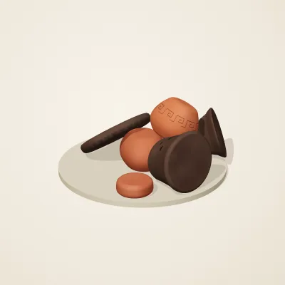 The six parts of Etruscan Terracotta No. 13 in a loose pile on a round stand