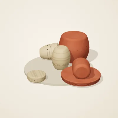 The six parts of Etruscan Terracotta No. 14 in a loose pile on a round stand