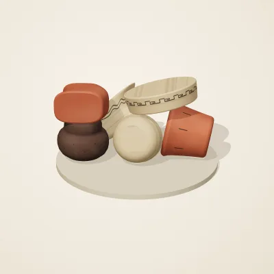 The six parts of Etruscan Terracotta No. 15 in a loose pile on a round stand