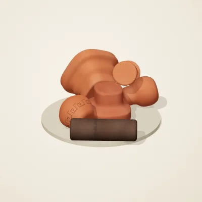The six parts of Etruscan Terracotta No. 16 in a loose pile on a round stand