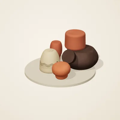 The six parts of Etruscan Terracotta No. 17 in a loose pile on a round stand