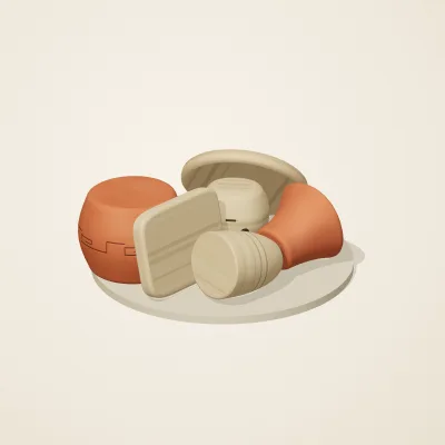 The six parts of Etruscan Terracotta No. 18 in a loose pile on a round stand