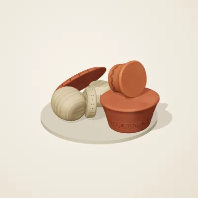 The six parts of Etruscan Terracotta No. 19 in a loose pile on a round stand