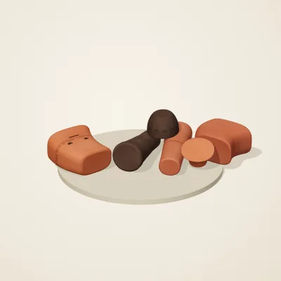 The six parts of Etruscan Terracotta No. 20 in a loose pile on a round stand