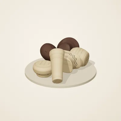 The six parts of Etruscan Terracotta No. 21 in a loose pile on a round stand