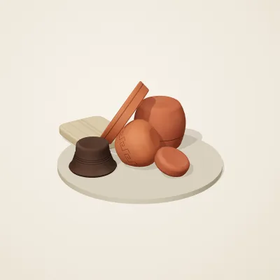 The six parts of Etruscan Terracotta No. 24 in a loose pile on a round stand