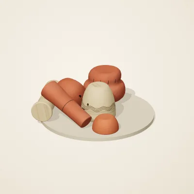 The six parts of Etruscan Terracotta No. 25 in a loose pile on a round stand