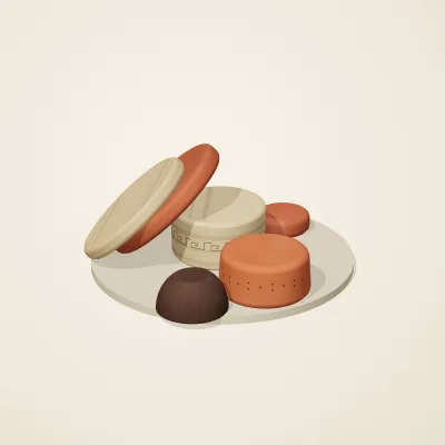 The six parts of Etruscan Terracotta No. 27 in a loose pile on a round stand