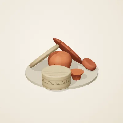 The six parts of Etruscan Terracotta No. 28 in a loose pile on a round stand
