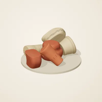 The six parts of Etruscan Terracotta No. 30 in a loose pile on a round stand