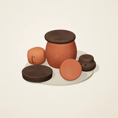The six parts of Etruscan Terracotta No. 31 in a loose pile on a round stand