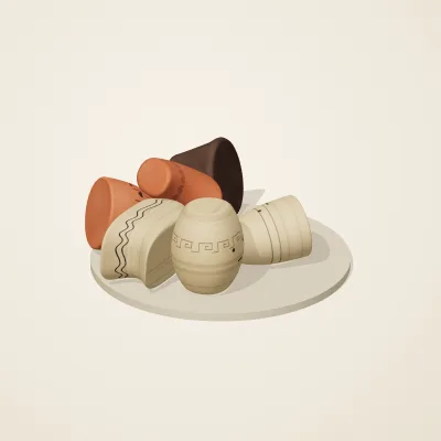 The six parts of Etruscan Terracotta No. 32 in a loose pile on a round stand
