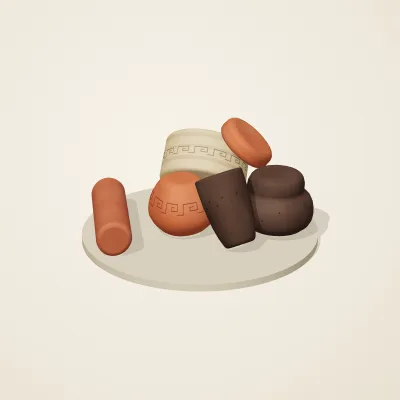 The six parts of Etruscan Terracotta No. 33 in a loose pile on a round stand