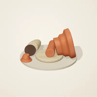 The six parts of Etruscan Terracotta No. 34 in a loose pile on a round stand