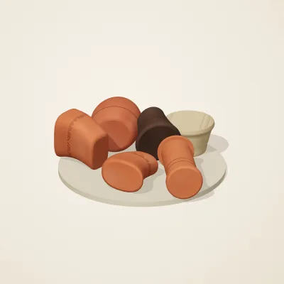 The six parts of Etruscan Terracotta No. 35 in a loose pile on a round stand